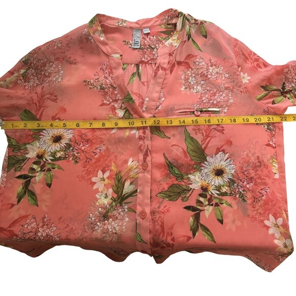 Floral Long Sleeve Sheer Button-Down Shirt Peach & Green Lightweight Boho Top - Picture 8 of 10